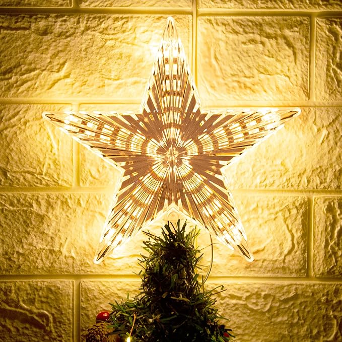 Christmas Tree Topper Star Warm White Light Christmas Tree Decor for Christmas Holiday Home Fit for General Size Xmas Tree, 8.7 Inch