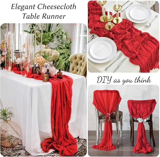 10 Pack Red Cheesecloth Table Runner,10FT/120 Inch Boho Gauze Fabric Table Runner,Rustic Sheer Red Cheese Cloth Runner Bulk for Wedding,Bridal Baby Shower,Christmas Party,Holiday Home Table Decor