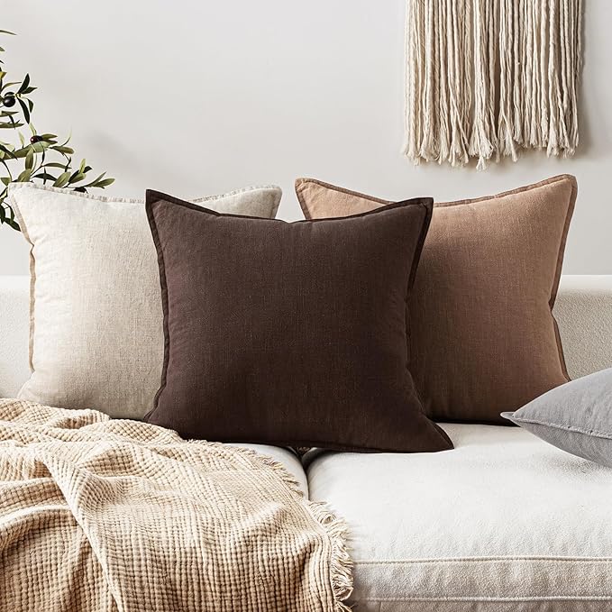 EMEMA Throw Pillow Covers Decorative Linen Pillow Covers 24x24 Inch Dark Brown Boho Farmhouse Neutral Couch Throw Pillows for Bed Pack of 2 Accent Pillowcase Modern Sofa Cushion Livingroom Home