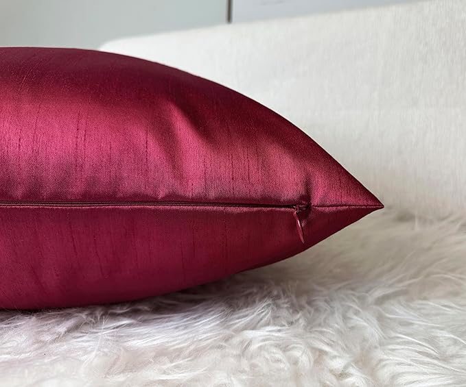 Aiking Home 18x18 Inches Faux Silk Square Throw Pillow Cover, Zipper Closure, Burgundy (Set of 2)