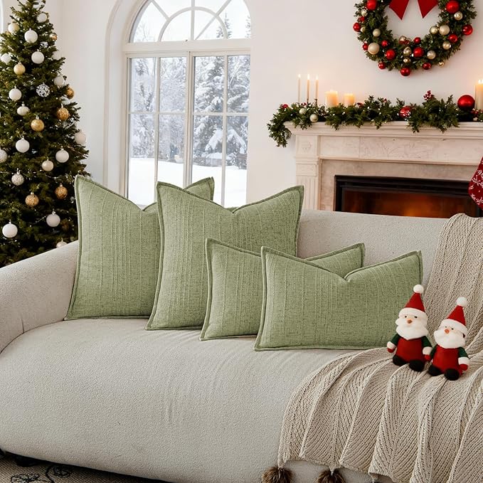 a moment Linen Pillow Covers Set of 2,Boho Farmhouse Throw Pillowcases Neutral Textured Decorative Covers for Couch Sofa,Soft Linen Blend Accent Case Cushion Home Decor 20"x20"Seeding Green
