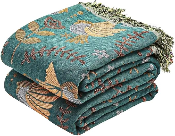 Boho Throw Blanket, 100% Cotton Ultra Soft Luxury Fall Throw Rustic Quilt, 50"x60" Floral Printed Farmhouse Decor Bed Summer Blankets, All Season Rustic Reversible Bohemian Throw for Bed