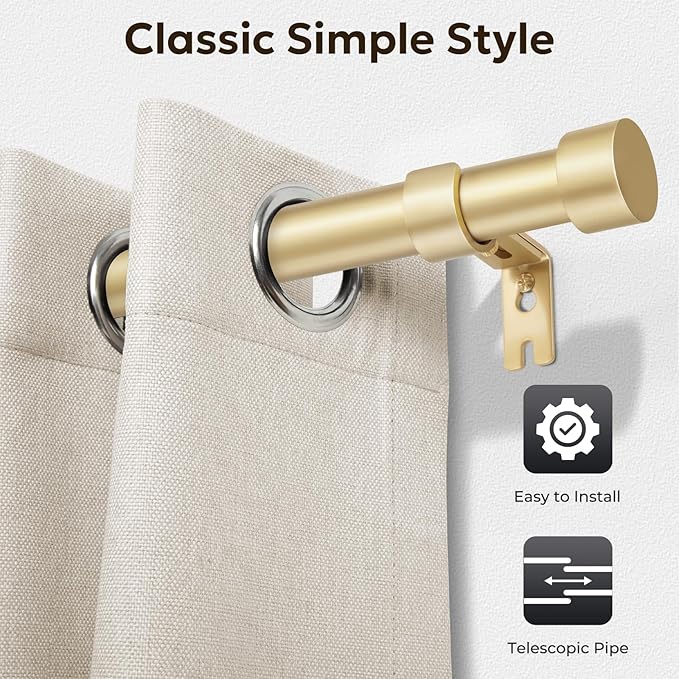 Zeerobee Curtain Rods for Windows 66 to 120, Gold Curtain Rod, Adjustable 1 Inch Heavy Duty Outdoor/Indoor Modern Drapery Pole, 32"-120"
