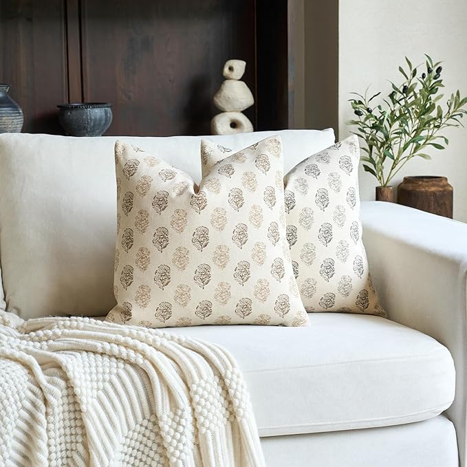 Floral Vintage Throw Pillow Covers 20x20 Pillow Cover Block Print Decorative Cushion Covers Farmhouse Neutral Accent Home Décor for Sofa Couch Living Room Bedroom, 1PC, Cognac Brown