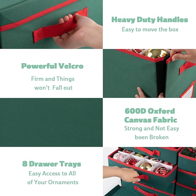 OIAHOMY Christmas Ornament storage Box with Adjustable Dividers, Christmas Storage Container with Side Open Stores up to 128-3" Ornaments, 8 Removable Drawer Style Trays - Red