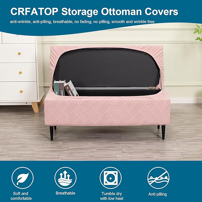 CRFATOP Jacquard Rectangle Ottoman Stool Cover Stretch Folding Storage Footstool Bench Slipcovers Upholstered Foot Chest Chair Covers Washable Entryway Furniture Protector with Elastic Bands,S,Pink