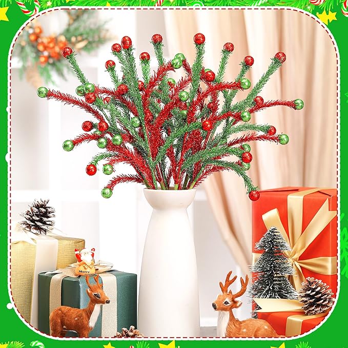 Norme 12 Pcs Red and Green Sparkle Christmas Tree Picks and Spray Christmas Tree Topper Decoration 13.8 Inch Artificial Glitter Curly Pick Stem Branches with Ball for Xmas Vase Filler Wreath Craft