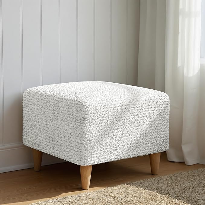PAULATO BY GA.I.CO. Small Ottoman Cover Stool Cover Pouf Slipcover - Soft Polyester Fabric Slipcover - 1-Piece Form Fit Stretch Furniture Protector - Microfibra Collection - Crisp White (Ottoman)