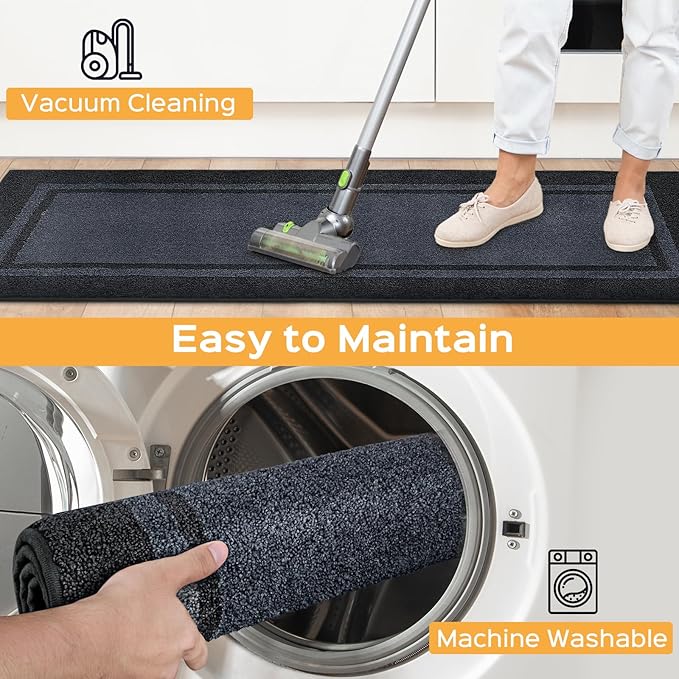 Kitchen Rugs 24" x 36", Non-Slip Machine Washable Kitchen Runner Rugs Floor Mats, Absorbent Comfort Standing Mats for Kitchen, Sink, Laundry and Hallway, Bluish Grey & Charcoal