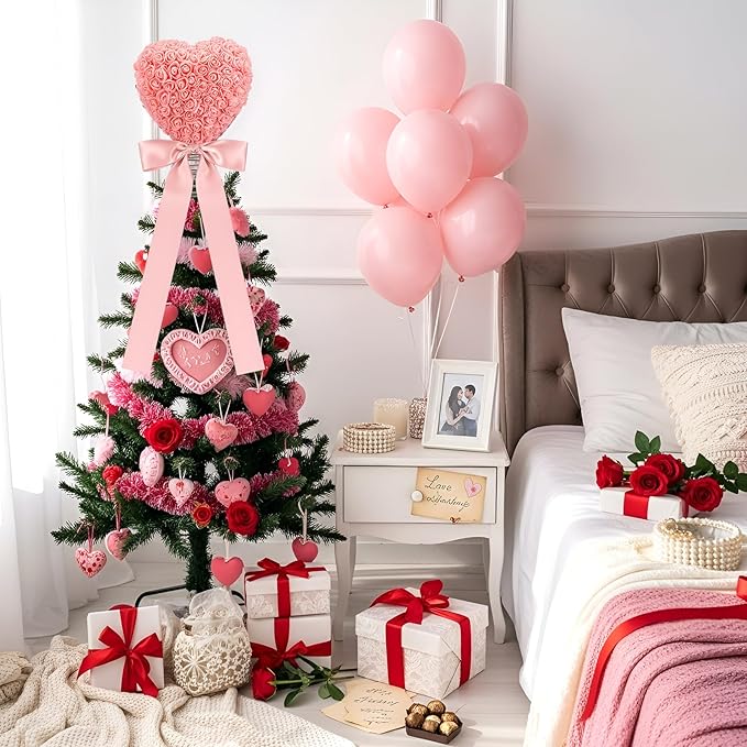 Soulchen Valentine Day Tree Topper 11.8 Inch Pink Heart Tree Topper with Bow Artificial Rose Flower Valentines Trees Ornaments for Valentine's Day Wedding Holiday Party Supplies