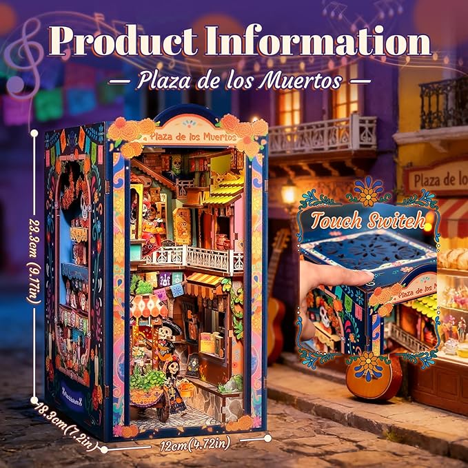 Fsolis Book Nook Kit - Decorative Bookends 3D Wood Puzzles Bookshelf Insert Diorama Kit DIY Miniature House for Adults Bookish Gifts for Women Book Lovers Bookworm (Plaza de Los Muertos)