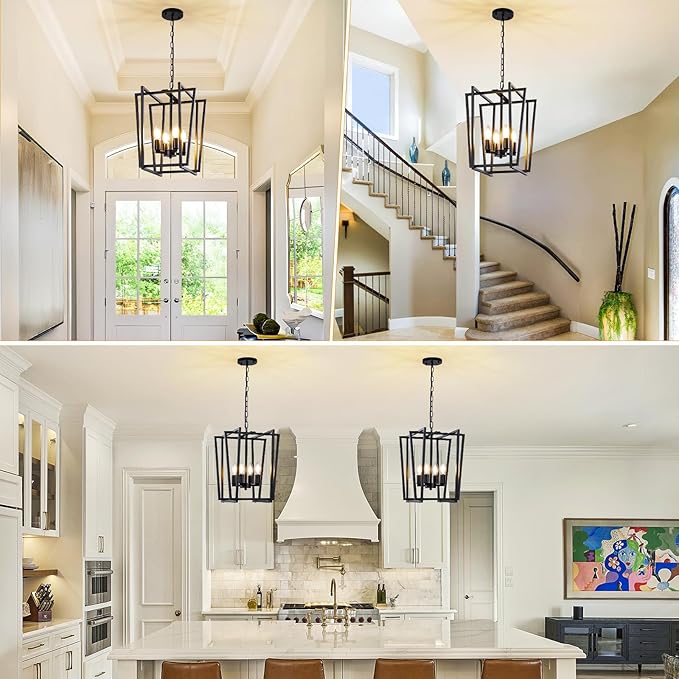 WJShome 4-Light Black Chandelier: A Must-Have Farmhouse Dining Room Light Fixture! Enjoy Modern Ceiling Lantern Pendant Style with Adjustable Height for Kitchen Island & Entryway