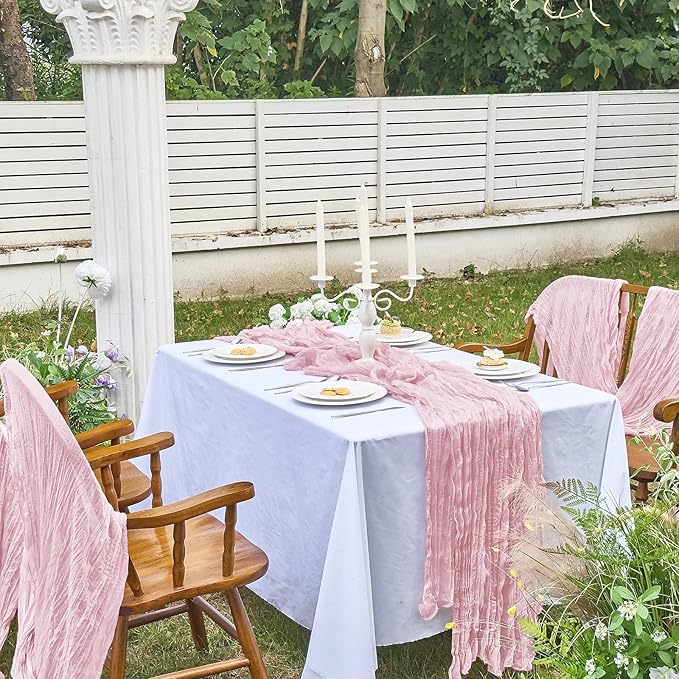 IVAPUPU 2 Pcs Cheesecloth Table Runner - 10ft Pink Boho Gauze Cheese Cloth Table Runners for Baby Shower Decoration Wedding Party Summer Garden Decor Valentines Day Decorations
