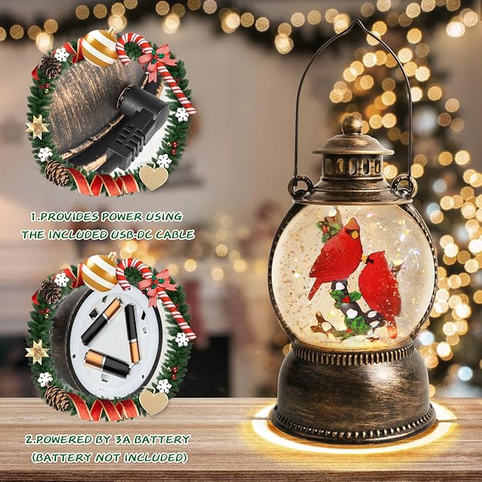 Christmas Cardinal Snow Globe 10.4In High, Cardinal Musical Snow Lantern Globe Lights with 6 Hour Timer and Batteries Powered,Retro Style Holiday Glitter Globe for Xmas Home Decoration and Santa Gifts