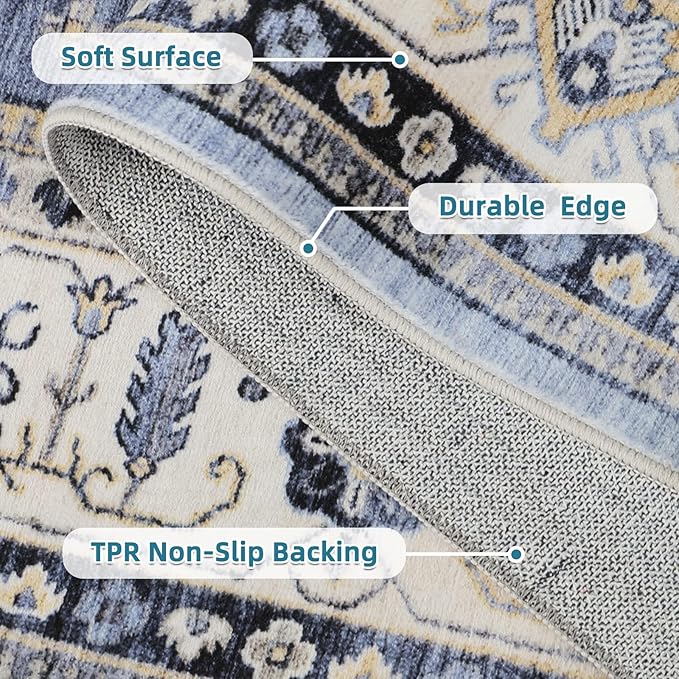 Dripex Vintage Washable Area Rug - 5x8 Distressed Rugs for Living Room Bedroom Oriental Medallion Floral Print Carpet Low-Pile Indoor Soft Non-Slip Accent Rug Farmhouse Office Home Decor