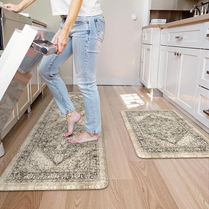 KIMODE Anti Fatigue Kitchen Mats, Boho Distressed Kitchen Floor Mats 20"x59"+20"x32", Non Slip Waterproof Kitchen Rugs, Padded Comfort Standing Mats for Laundry Office Sink Desk Brown