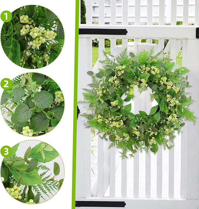 Green Eucalyptus Wreaths for Front Door,22 Inch Artificial Spring Summer Winter Wreath with Green Berries,Eucalyptus Leaves for Indoor Outdoor Wall Porch Festival Farmhouse Home Holiday Decor.