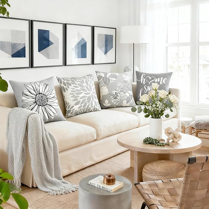 Decorative Throw Pillow Covers Set of 4 Gray Pillow Covers 18x18 inch Throw Pillow Cases Grey Linen Square Pillow Case,Farmhouse Outdoor Modern Boho Pillow Covers for Couch Sofa Living Room