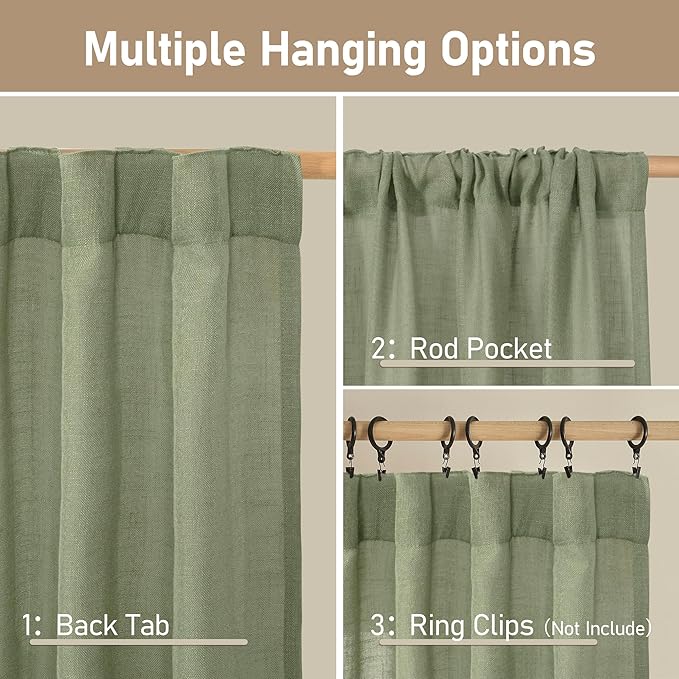 LAMIT Sage Green Light Filtering Linen Curtains 68 inches Long for Bedroom, Faux Linen Textured Semi Sheer Back Tab and Rod Pocket Boho Modern Drapes for Living Room/Farmhouse, 2 Panels, 52 x 68 Inch