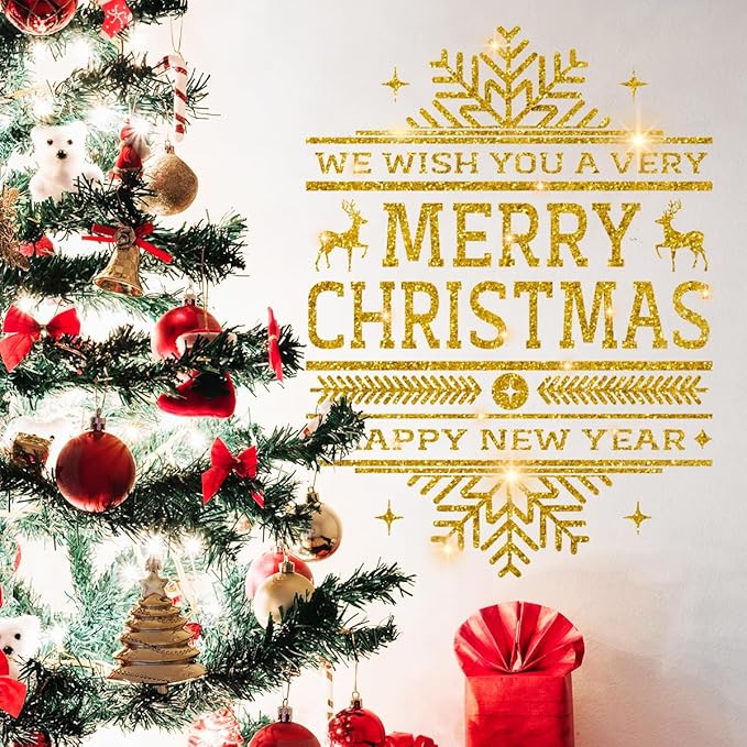 clothmile 4 Sheets Gold Merry Christmas Wall Decals Gold Christmas Snowflake Wall Stickers Decor Removable Christmas Wall Decals for Xmas Holiday Party Supplies Home Window Merry Christmas Decor