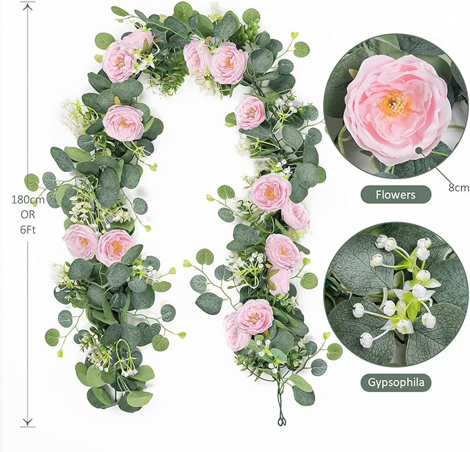 TOCHGREEN 2 Pack 13Ft Artificial Eucalyptus Flower Garland with Pink Camellia, Fake Flower Greenery Garland Floral Vines for Wedding Home Party Room Table Runner Decor (2PCS, Pink)