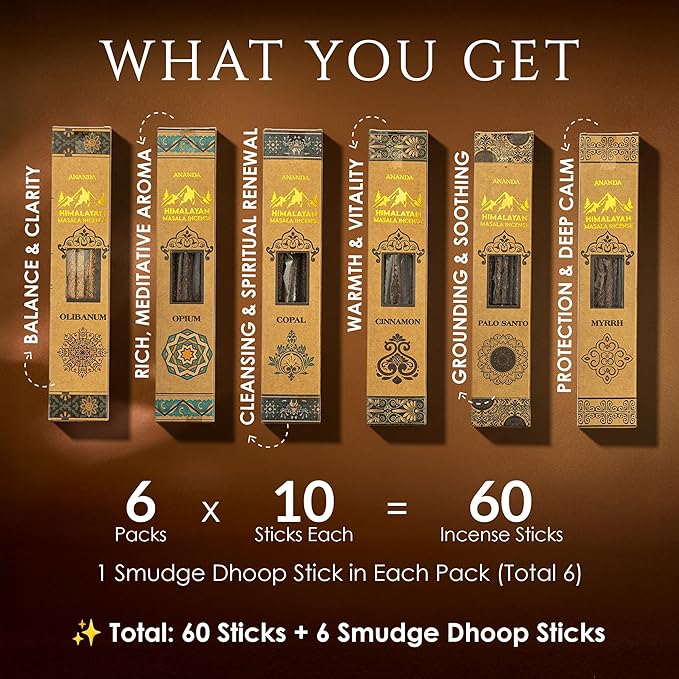 Himalayan Smudge Incense – 6 Fragrant Scents: Palo Santo, Copal, Myrrh, Cinnamon, Opium, Olibanum | 60 Sticks + 6 Dhoop | Masala Blend with Resins, Herbs & Essential Oils | Handcrafted