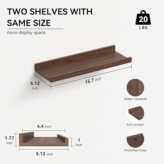 Floating Shelves Set of 2, Farmhouse Wall Shelves with Lip, Display Picture Ledge Shelf for Bedroom, Living Room, Bathroom, Kitchen - Walnut