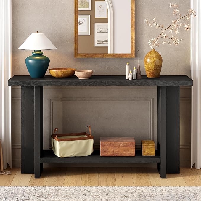 Vintage Console Table Entryway Table with T-Leg Design, Ash Wood Veneer 60'' Long Accent Table for Hallway Living Room Foyer Corridor Dinning Room (Black-2.12)