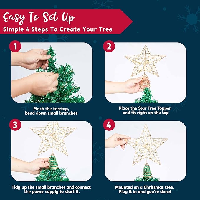 JOIEDOMI 9.5inch Metal Beaded Christmas Star Tree Topper, 20LED Warm White Lights Golden Tree Topper, USB Powered Remote Control for Christmas Tree Decorations Home Holiday Party Indoor Decor