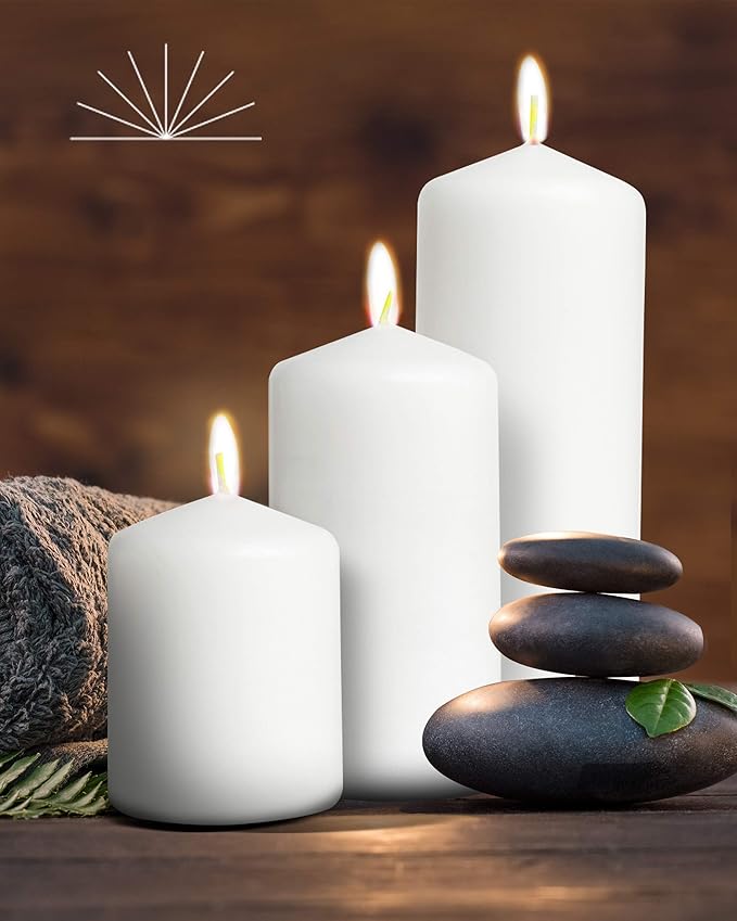 Bask Cone Top Pillar Candles - Elegant White Candles - Set of 3 White Pillar Candles - 3"x4", 3"x6", and 3" x8 - Smokeless and Dripless Decorative Candles for Home Decor and Relaxation