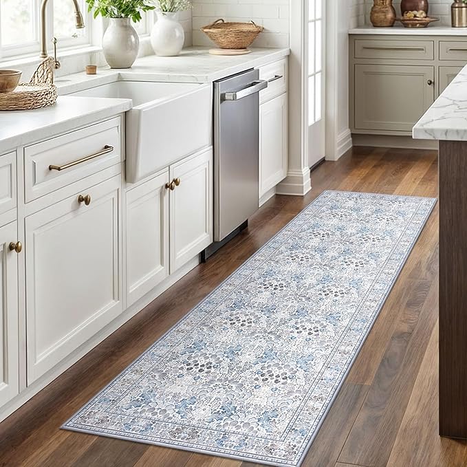 2x6 Washable Runner Rug for Hallways, Grey Blue Soft Floor Modern Kitchen Rugs with Non-Slip, Non-Shedding Boho Rug for Bedroom Kitchen Porch Laundry Entryway