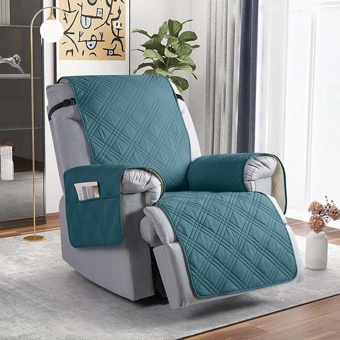 TAOCOCO Waterproof Recliner Chair Cover, Non Slip Oversized Recliner Covers for Recliner Chair with Pocket, Reclining Chair Cover Furniture Protector for Kids, Dogs(28'', Peacock Blue)