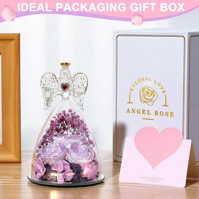 Mothers Day Rose Gifts for Women, Large Angel Figurines with Real Roses, Preserved Real Flower Rose for Her, Gardient Purple