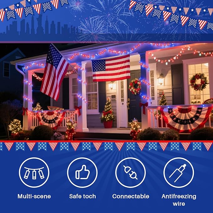 LAMPHOME 33ft Patriotic String Lights - Red White Blue Mini Lights, 100 LED Green Wire Fairy Starry String Lights Plug in, 11 Modes for Independence Day Celebration Party Memorial Day Decor