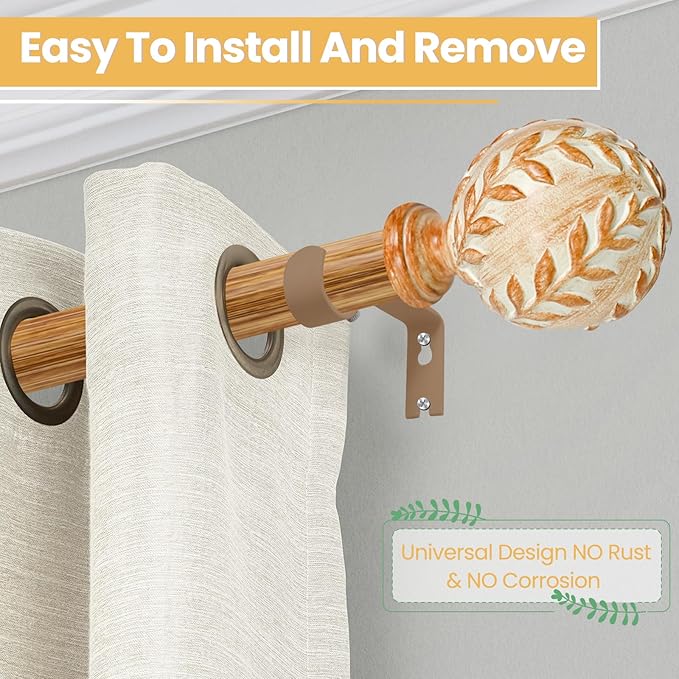 Imitation Wood Grain Curtain Rod for Windows 28 to 48 Inches: 1 Inch Heavy-Duty Adjustable Decorative Curtain Rod With Rustic Leaf Finials for Bedroom & Living Room