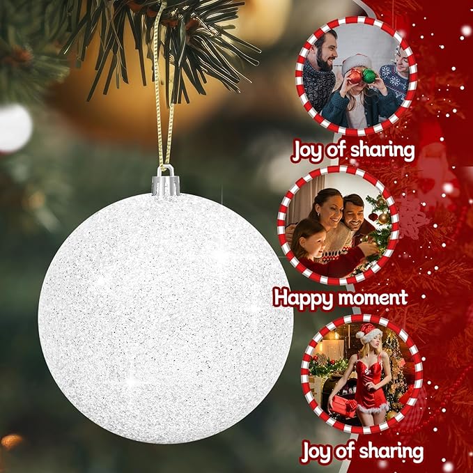 6Pack 4inch Large Christmas Balls Christmas Tree Decoration Ornaments Shatterproof Glitter Christmas Hanging Balls for Christmas Tree Party Indoor Outdoor Decoration (White, 4inch-6pcs)