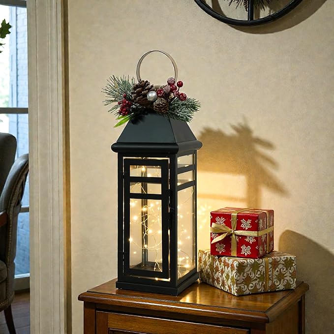 TRIROCKS Decorative Vintage Candle Lanterns 15.5" H Farmhouse Outdoor Hanging Lanterns with Tempered Glass for Porch, Balcony, Patio, Home, Centerpieces, Indoor, Outdoor(Black with Gold top)
