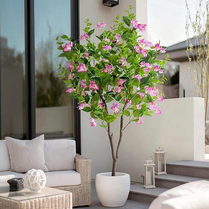 5FT Artificial Bougainvillea Tree Artificial Tree Tall Potted Fake Bougainvillea Trees for Outdoor Indoor Lifelike Potted Faux Plants with Wood Trunk and Flowers Office Wedding Home Decor