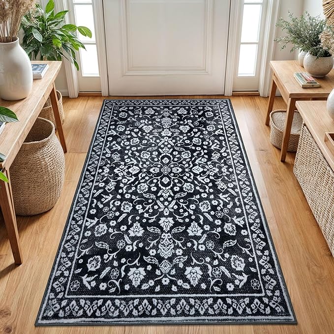Vintage 3x5 Washable Rug for Entryway, Super Soft Black White Entryway Rug Non-Slip, Printed Faux Wool Floral 3x5 Area Rug Thin Floor Carpet for Kitchen, Bedroom, Office, Living Room