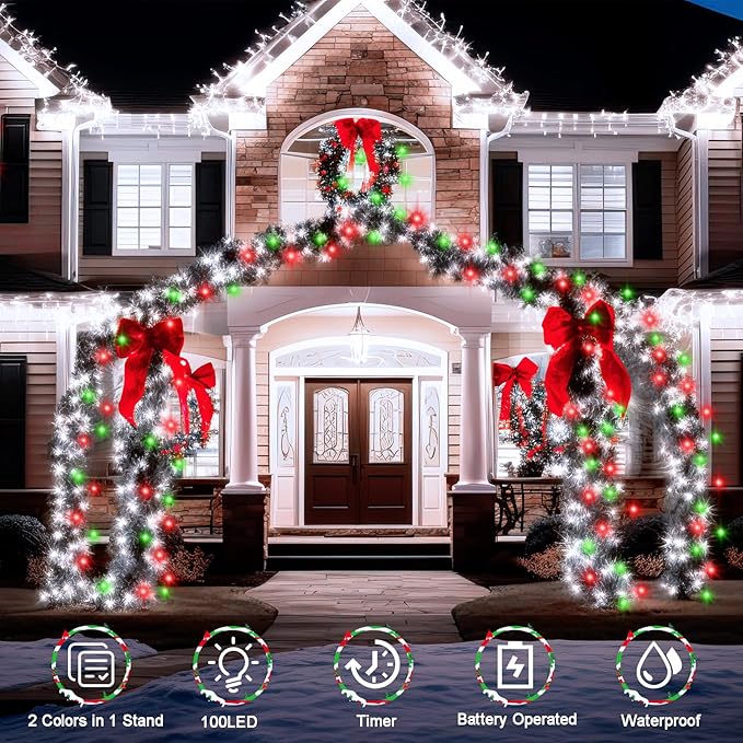 echosari Christmas String Lights, 33Ft 100 LED Fairy Lights Battery Operated Dual Color Changing with Remote Timer for Xmas Tree Festive Decor (Red White Green & Warm White)