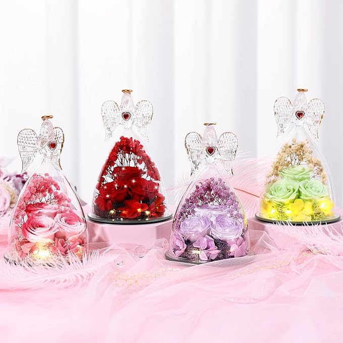 Mothers Day Rose Gifts for Women, Large Angel Figurines with Real Roses, Preserved Real Flower Rose for Her, Gardient Purple