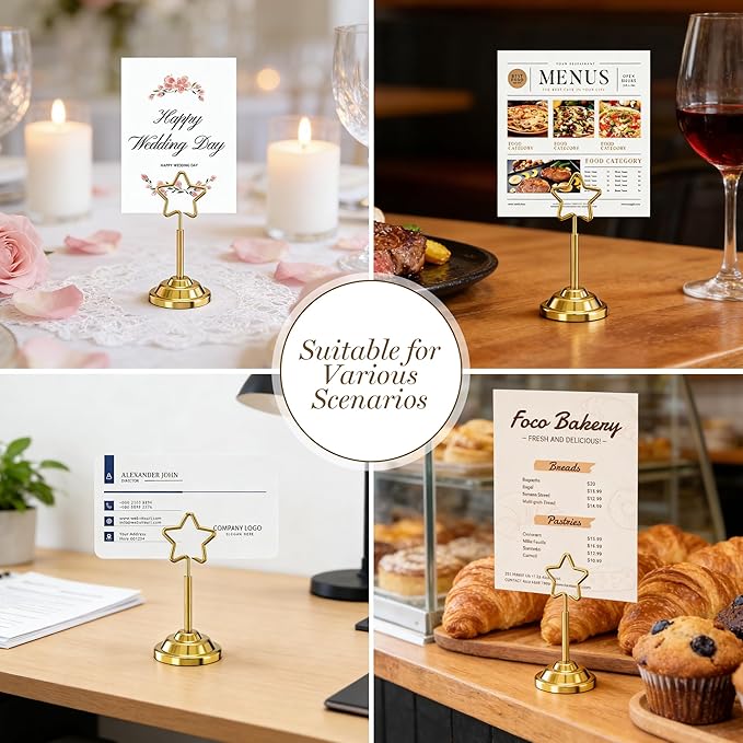 Urban Deco 16 Pieces Table Card Holder Place Card Holders 4 inches Steel Card Holders for Photos, Food Signs, Memo Notes, Weddings, Restaurants, Birthdays (Gold Pentagram)