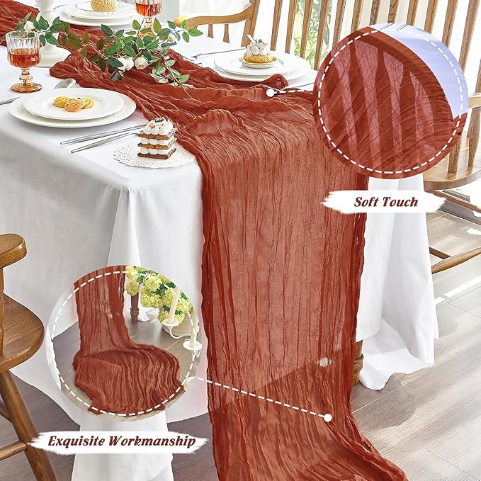 IVAPUPU 2 Pcs Cheesecloth Fall Thanksgiving Table Runner - 10ft Terracotta Boho Gauze Cheese Cloth Table Runner for Baby Shower Decoration Wedding Party Summer Garden Farmhouse