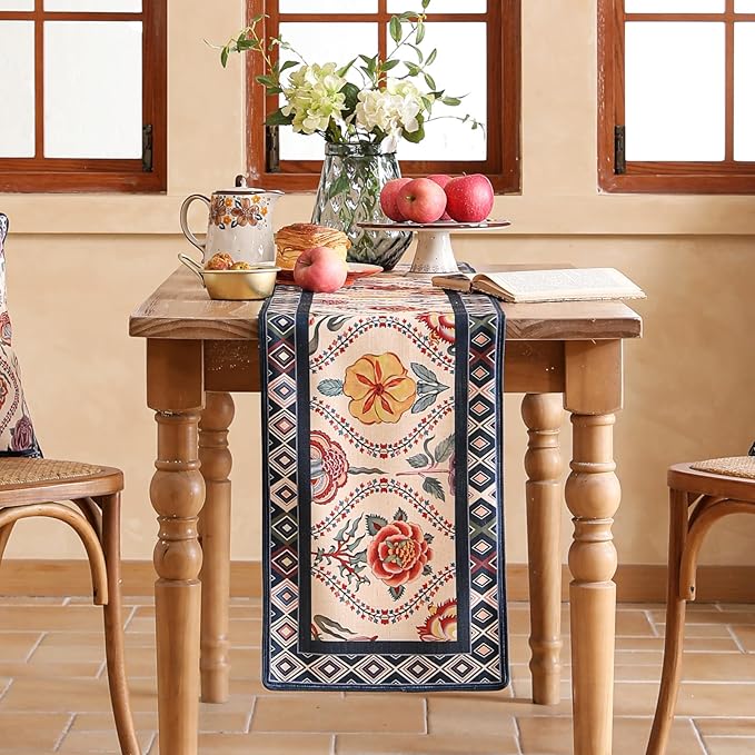 Rectangular Flower Table Runner 102 Inches Long,Farmhouse Linen Floral Table Runners with Navy Blue Border,Fall Decorations for Home Thanksgiving Christmas Party.12"*102"-Lanae