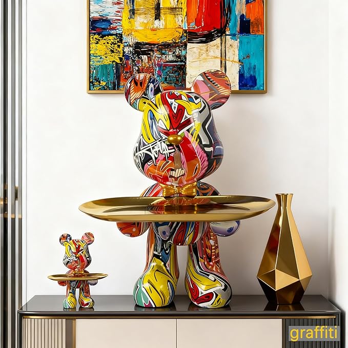 Bear Statue Resin Tray Sculpture for Home and Office Decor, Suitable for Bedroom, Living Room, Office on Table, Desktop, Shelves and Cabinet (Graffiti)