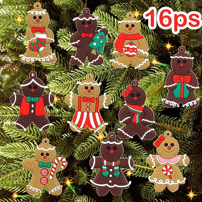 16 Pcs Gingerbread Man Ornaments for Christmas Tree, Soft Silicone Christmas Decorations, 3 Inch Adorable Gingerbread Figurines for Xmas Tree Hanging Decor, Gift Tags & Party Favors (16 Designs)