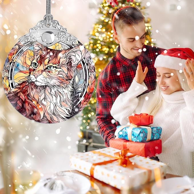Stained Glass Christmas Ornament, Jocidea Cat Christmas Decorations, Christmas Tree Ornament, Cat Lovers Gifts, Holiday Decor and Xmas Gifts Ideas