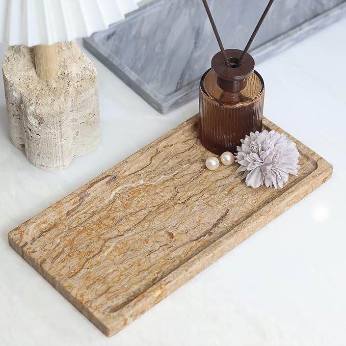 Solid Natural Marble Vanity Tray - 11.8"x5.9" Rectangular Bathroom & Dresser Organizer, Non-Resin Stone Tray for Jewelry/Perfume, Marble Trays for Decor Rectangl