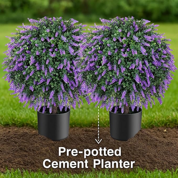 Real Touch 24" Artificial Lavender Trees (2-Pack) – Lifelike UV-Resistant Artificial Plant Featuring a Natural Wood Trunk – Perfect for Front Porch, Patio & Home Decor