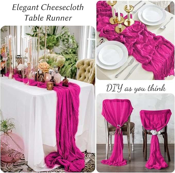10 Pack Hot Pink Cheesecloth Table Runner,10FT/120 Inch Boho Gauze Fabric Table Runner,Rustic Sheer Hot Pink Cheese Cloth Runner Bulk for Wedding,Bridal Baby Shower,Birthday Party,Holiday Table Decor